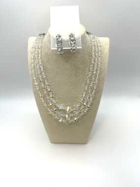 MCM Vintage 3 Strand Graduated AB Iridescent Crystal Bead Necklace & Earring Set